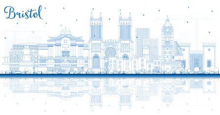 Illustration pour Outline Bristol UK City Skyline with Blue Buildings and reflections. Vector Illustration. Bristol England Cityscape with Landmarks. Travel and Tourism Concept with Historic Architecture. - image libre de droit