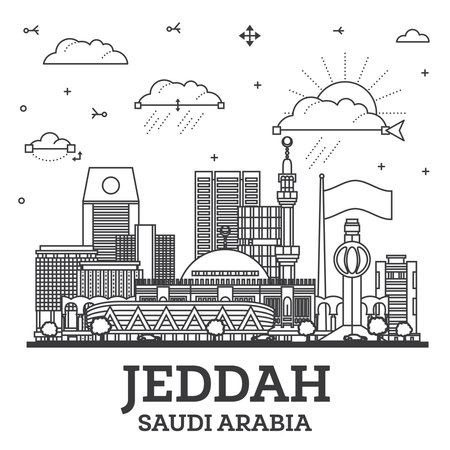 Outline Jeddah Saudi Arabia City Skyline with Modern and Historic Buildings Isolated on White. Vector Illustration. Jeddah Cityscape with Landmarks.のイラスト素材