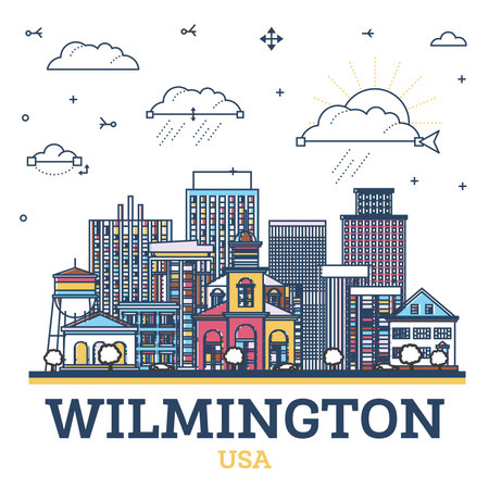 Outline Wilmington Delaware USA City Skyline with colored Historic Buildings Isolated on White. Vector Illustration. Wilmington Cityscape with Landmarks.のイラスト素材