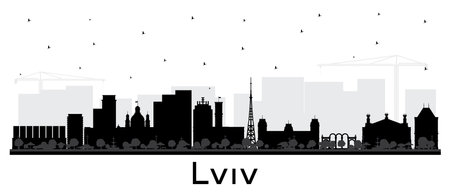 Lviv Ukraine City Skyline silhouette with black Buildings isolated on white. Vector Illustration. Lviv Cityscape with Landmarks. Business Travel and Tourism Concept with Historic Architecture.のイラスト素材