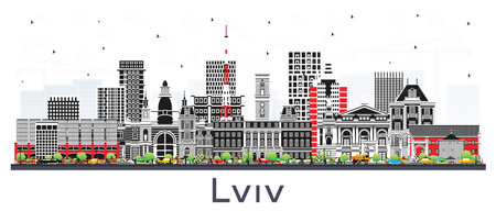 Lviv Ukraine City Skyline with Color Buildings isolated on white. Vector Illustration. Lviv Cityscape with Landmarks. Business Travel and Tourism Concept with Historic Architecture.のイラスト素材