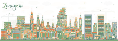 Zaragoza Spain City Skyline with Color Buildings. Vector Illustration. Zaragoza Cityscape with Landmarks. Business Travel and Tourism Concept with Historic Architecture.のイラスト素材