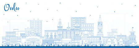 Outline Oulu Finland city skyline with blue buildings. Vector illustration. Oulu cityscape with landmarks. Business travel and tourism concept with modern and historic architecture.のイラスト素材