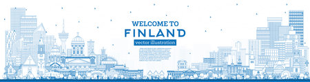 Outline Finland city skyline with blue buildings. Vector illustration. Concept with historic and modern architecture. Finland cityscape with landmarks. Helsinki. Espoo. Vantaa. Oulu. Turku.のイラスト素材