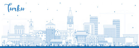 Outline Turku Finland city skyline with blue buildings. Vector illustration. Turku cityscape with landmarks. Business travel and tourism concept with modern and historic architecture.のイラスト素材