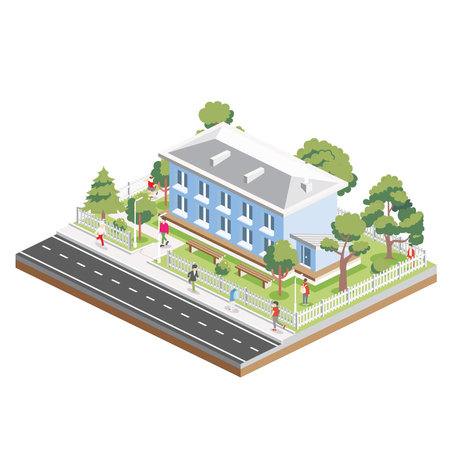 Isometric residential two storey building with people, road and trees. Icon or infographic element. Vector illustration. City home. Architectural symbol isolated on white background. 3D object.のイラスト素材