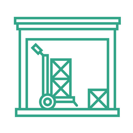 Small warehouse with boxes and parcel trolley. Outline icon isolated on white background. Part of supply chain. Vector illustration.のイラスト素材