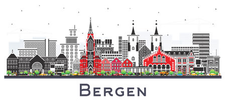 Bergen Norway City Skyline with Color Buildings isolated on white. Vector Illustration. Bergen Cityscape with Landmarks. Business Travel and Tourism Concept with Historic Architecture.のイラスト素材
