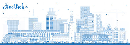Outline Stockholm Sweden city skyline with blue buildings. Vector illustration. Stockholm cityscape with landmarks. Business travel and tourism concept with modern and historic architecture.のイラスト素材