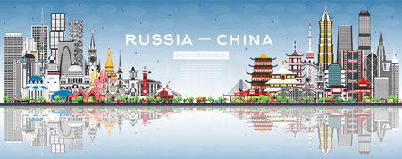 Russia and China skyline with gray buildings, blue sky and reflections. Famous landmarks. Vector illustration. China and Russia concept. Diplomatic relations between countries.のイラスト素材