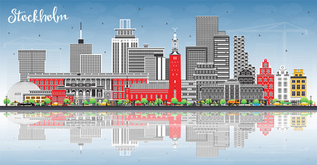 Stockholm Sweden city skyline with color buildings, blue sky and reflections. Vector illustration. Stockholm cityscape with landmarks. Tourism concept with modern and historic architecture.のイラスト素材