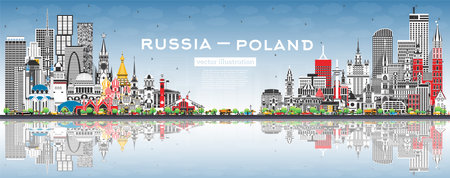 Russia and Poland skyline with gray buildings, blue sky and reflections. Famous landmarks. Vector illustration. Poland and Russia concept. Diplomatic relations between countries.のイラスト素材