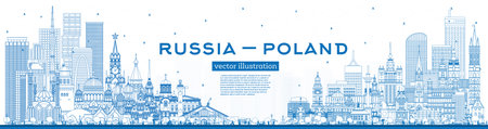 Outline Russia and Poland skyline with blue buildings. Famous landmarks. Vector illustration. Poland and Russia concept. Diplomatic relations between countries.のイラスト素材