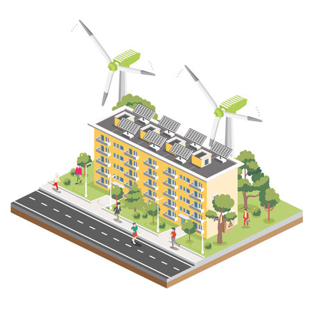 Isometric Residential Five Storey Building with Solar Panels and Wind Turbines. Green Eco Friendly House. Infographic Element. Vector Illustration. City Architecture Isolated on White Background.のイラスト素材