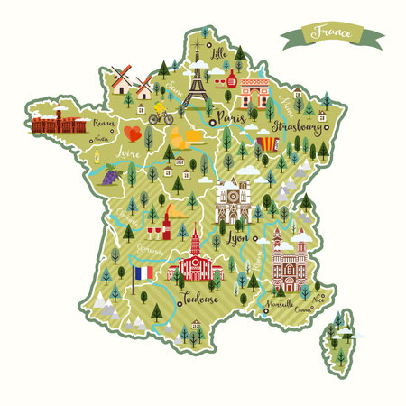 Stylized map of France. Vector illustration. French symbols, cheese, croissant, wine, bicycle, harmonic, mountains and other landmarks. Travel to France.のイラスト素材