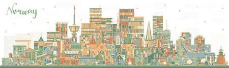 Norway city skyline with color buildings. Vector illustration. Concept with historic and modern architecture. Norway cityscape with landmarks. Oslo. Stavanger. Trondheim. Bergen.のイラスト素材