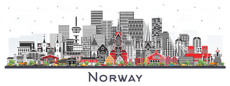 Norway city skyline with gray buildings isolated on white. Vector illustration. Concept with historic and modern architecture. Norway cityscape with landmarks. Oslo. Stavanger. Trondheim. Bergen.のイラスト素材