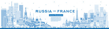 Outline Russia and France skyline with blue buildings. Famous landmarks. Vector illustration. France and Russia concept. Diplomatic relations between countries.のイラスト素材
