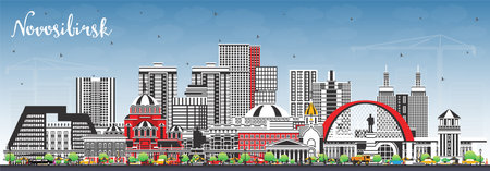 Novosibirsk Russia city skyline with color buildings and blue sky. Vector illustration. Novosibirsk cityscape with landmarks. Business travel and tourism concept with modern and historic architecture.のイラスト素材