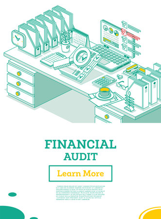 Financial Audit. Isometric Business Concept. Account Tax Report. Laptop with Calendar and Magnifier. Vector Illustration. Documents Under Magnifying Glass. Office Table with Paper Trays.のイラスト素材