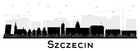 Szczecin Poland city skyline silhouette with black buildings isolated on white. Vector illustration. Szczecin cityscape with landmarks. Business and tourism concept with and historic architecture.のイラスト素材
