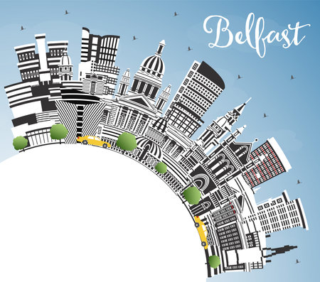 Belfast Northern Ireland City Skyline with Color Buildings, Blue Sky and Copy Space. Vector Illustration. Belfast Cityscape with Landmarks. Travel and Tourism Concept with Historic Architecture.のイラスト素材