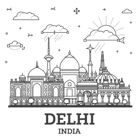 Outline Delhi India City Skyline with Historic Buildings Isolated on White. Vector Illustration. Delhi Cityscape with Landmarks.のイラスト素材