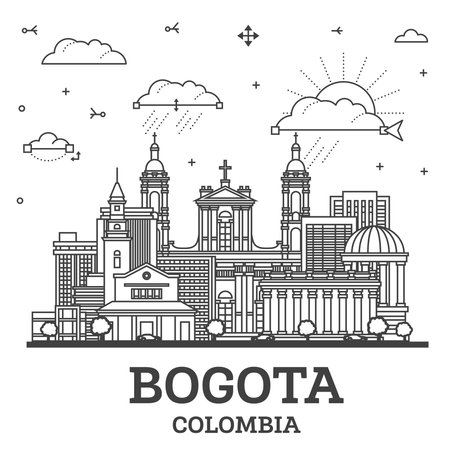 Outline Bogota Colombia City Skyline with Historic Buildings Isolated on White. Vector Illustration. Bogota Cityscape with Landmarks.のイラスト素材
