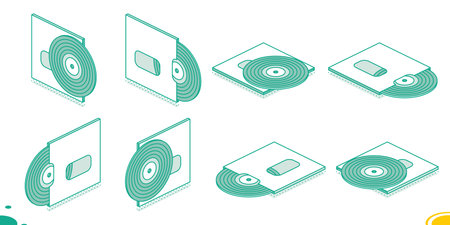 Set of Vinyl Plates. Vector illustration. Isometric objects isolated on white background. Vintage 3d elements in outline style.のイラスト素材