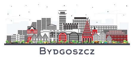 Bydgoszcz Poland city skyline with color buildings isolated on white. Vector illustration. Bydgoszcz cityscape with landmarks. Business and tourism concept with modern and historic architecture.のイラスト素材