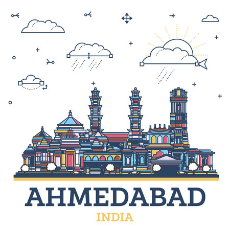 Outline Ahmedabad India City Skyline with Colored Historic Buildings Isolated on White. Vector Illustration. Ahmedabad Cityscape with Landmarks.のイラスト素材