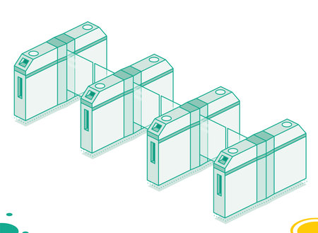Isometric four turnstiles. Subway station or airport security element. Entrance gates. Vector illustration. Access control equipment. Outline design element.のイラスト素材