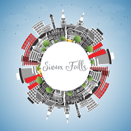 Sioux Falls South Dakota City Skyline with Color Buildings, Blue Sky and Copy Space. Vector Illustration. Sioux Falls USA Cityscape with Landmarks. Tourism Concept with Modern Architecture.のイラスト素材