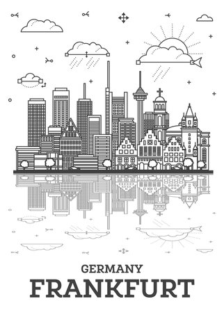 Outline Frankfurt Germany City Skyline with Modern Buildings and Reflections Isolated on White. Vector Illustration. Frankfurt Cityscape with Landmarks.のイラスト素材