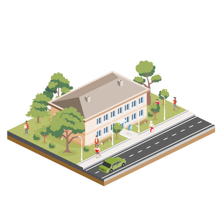 Isometric residential two storey building with people, road and trees. Icon or infographic element. Vector illustration. City home. Architectural symbol isolated on white background. 3D object.のイラスト素材