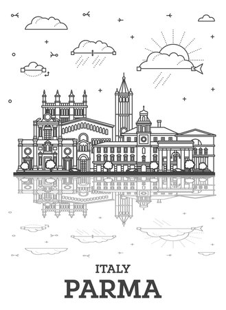Outline Parma Italy City Skyline with Historic Buildings and Reflections Isolated on White. Vector Illustration. Parma Cityscape with Landmarks.のイラスト素材