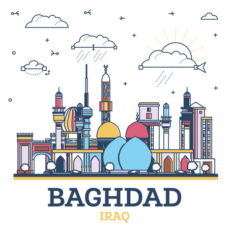 Outline Baghdad Iraq City Skyline with Colored Historic Buildings Isolated on White. Vector Illustration. Baghdad Cityscape with Landmarks.のイラスト素材