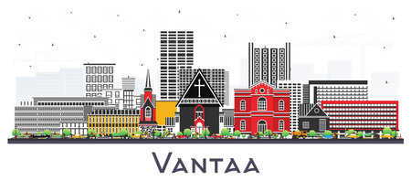 Vantaa Finland city skyline with color buildings isolated on white. Vector illustration. Vantaa cityscape with landmarks. Business travel and tourism concept with modern and historic architecture.のイラスト素材