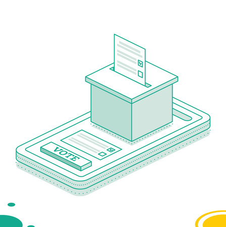 Isometric online voting and election concept using the smartphone. Vector illustration. Smartphone with vote on screen. People vote online using mobile app to choose their candidate.のイラスト素材