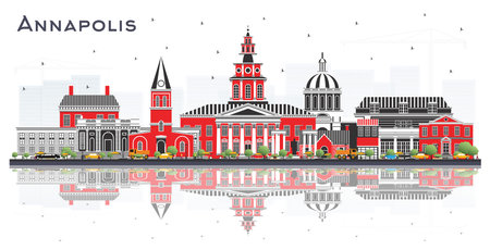 Annapolis Maryland City Skyline with Color Buildings and reflections Isolated on White. Vector Illustration. Tourism Concept with Historic Architecture. Annapolis USA Cityscape with Landmarks.のイラスト素材
