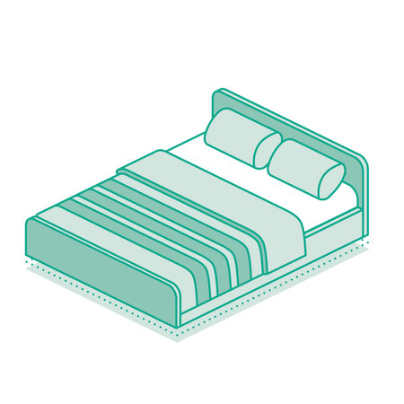 Isometric bed with blanket and two pillows. Vector illustration. Outline object isolated on white background.のイラスト素材