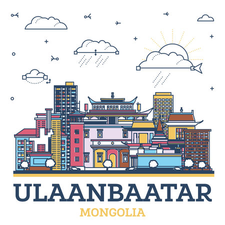 Outline Ulaanbaatar Mongolia City Skyline with Colored Historic Buildings Isolated on White. Vector Illustration. Ulaanbaatar Cityscape with Landmarks.のイラスト素材