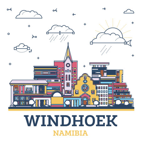 Outline Windhoek Namibia City Skyline with Colored Modern and Historic Buildings Isolated on White. Vector Illustration. Windhoek Cityscape with Landmarks.のイラスト素材