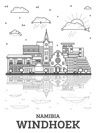 Outline Windhoek Namibia City Skyline with Modern Buildings and Reflections Isolated on White. Vector Illustration. Windhoek Cityscape with Landmarks.のイラスト素材