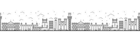 Seamless pattern with outline Lisbon Portugal City Skyline. Historic Buildings Isolated on White. Vector Illustration. Lisbon Cityscape with Landmarks.のイラスト素材