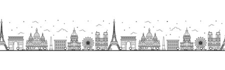 Seamless pattern with outline Paris France City Skyline. Historic Buildings Isolated on White. Vector Illustration. Paris Cityscape with Landmarks.のイラスト素材