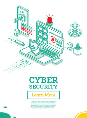 Cyber Security Concept. Shield Symbol. Isometric Laptop and Smartphone with Key Inserted in Lock. Data Protection. Vector Illustration. Authentication Form on Laptop Screen. Red Flasher.のイラスト素材