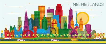 Netherlands Skyline with color Buildings and Blue Sky. Vector Illustration. Tourism Concept with Historic Architecture. Cityscape with Landmarks. Amsterdam. Rotterdam. The Hague. Utrecht.のイラスト素材