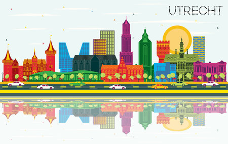 Utrecht Netherlands City Skyline with Color Buildings, Blue Sky and Reflections. Business Travel and Tourism Concept with Historic Architecture. Utrecht Cityscape with Landmarks.のイラスト素材