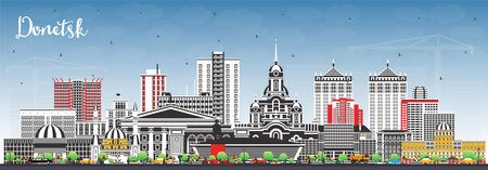 Donetsk city skyline with color buildings and blue sky. Vector illustration. Donetsk cityscape with landmarks. Business travel and tourism concept with modern and historic architecture.のイラスト素材